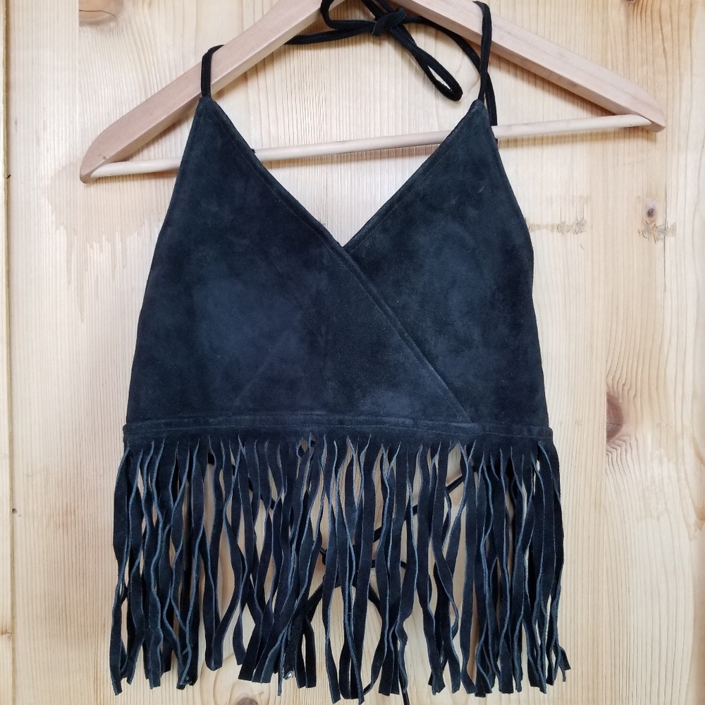 Genuine leather fringe crop top size M